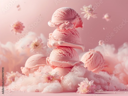 A whimsical image showcasing a towering stack of ice cream scoops amid blooming flowers and ethereal smoke on a pink backdrop