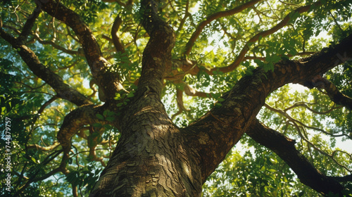 A towering tree reaching towards the sky with its gnarled branches and lush green leaves providing a shady oasis on a hot summer day.