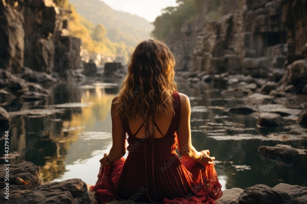 woman is sitting with her back to river among the mountains, physical health, wellness exercise,  inner happiness,  reducing stress concept