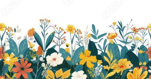 horizontal white banner or floral backdrop decorated with gorgeous multicolored blooming flowers and leaves border. Spring botanical flat vector illustration on white background