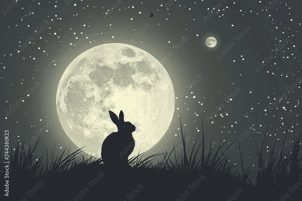 Black and white Rabbit Silhouette with moon background