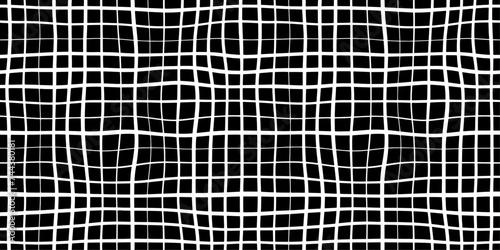 Thin and thick line black and white grid pattern with slight distortion for background. Seamless background