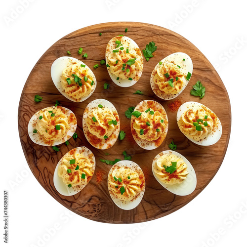 top view of a delicious looking deviled eggs platter kept on a wooden serving board food photography style isolated on a white background