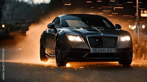  A Sleek Sports Car Cuts Through the Night, Embracing Speed and Elegance with Fiery Trails and Glowing Headlights.
