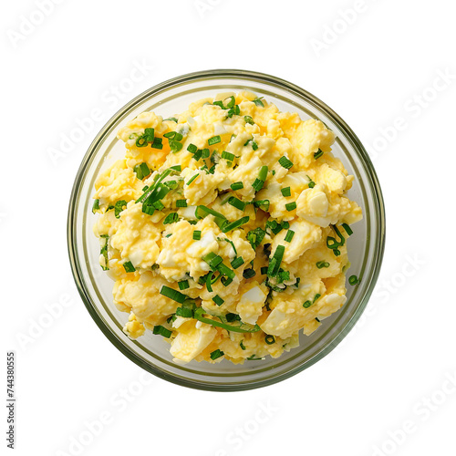 top view of a delicious looking egg salad in a crystal clear glass bowl food photography style isolated on a white background