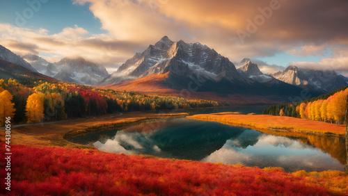 sunrise over the mountains and lake in autumn