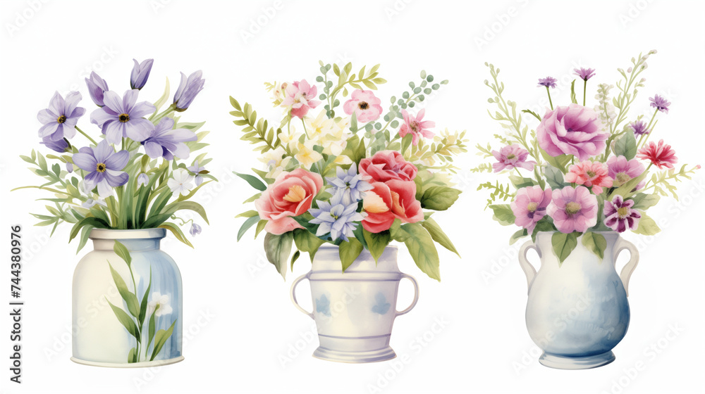 Fototapeta premium Set of 3 Cute Boho Watercolor Decorative Vase with Colorful Flowers, Spring and Summer Floral. Botanical Plant Illustration. Hand Drawn Flower Collection Clip Art.