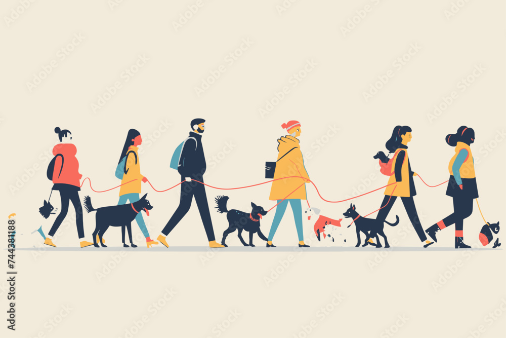 Fototapeta premium People Walking With Dogs Flat Design