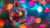 Party Lights Illuminating Disco Ball in Vibrant Colors, Nightclub Atmosphere with Glowing Lights - Generative AI

