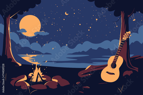 Flat Design People Playing music on Campfire