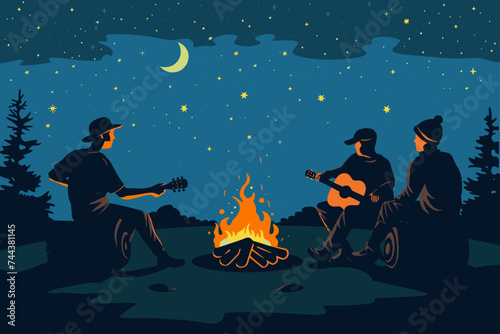 Flat Design People Playing music on Campfire photo