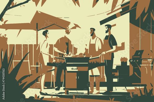 Barbeque Party at Backyard House, Flat Design