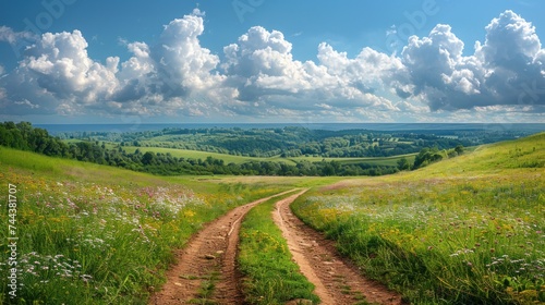 Panoramic landscape of central Russia agricultural countryside with hills and country road. Summer landscape of the Samara valleys.