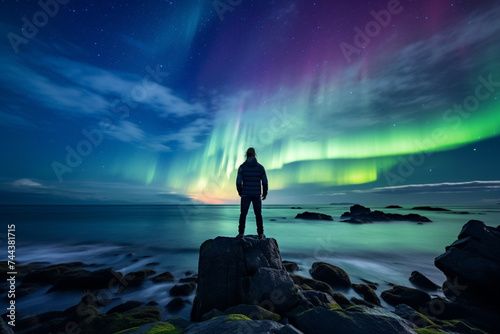 Amazing Iceland Man standing on the rock at the beach watching northern lights (Iceland)