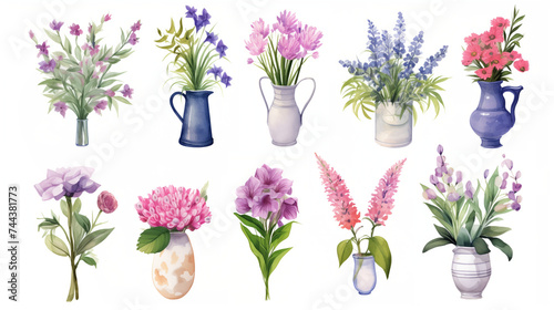 Set of Cute Boho Watercolor Decorative Vase with Colorful Flowers, Spring and Summer Floral. Botanical Plant Illustration. Hand Drawn Flower Collection Clip Art.