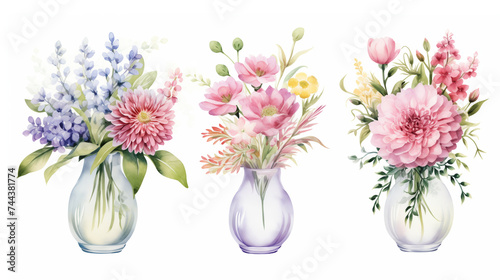 Set of 3 Cute Boho Watercolor Decorative Vase with Colorful Flowers, Spring and Summer Floral. Botanical Plant Illustration. Hand Drawn Flower Collection Clip Art.