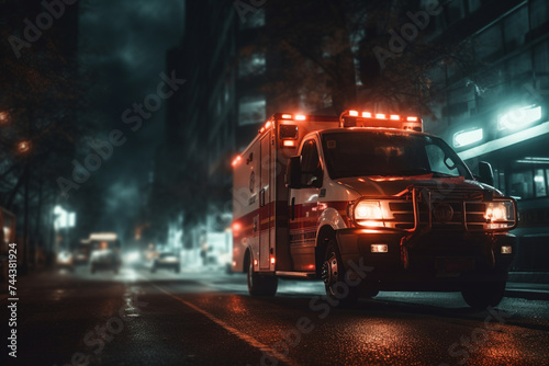 Ambulance circulating the streets at night, close-up, long exposure