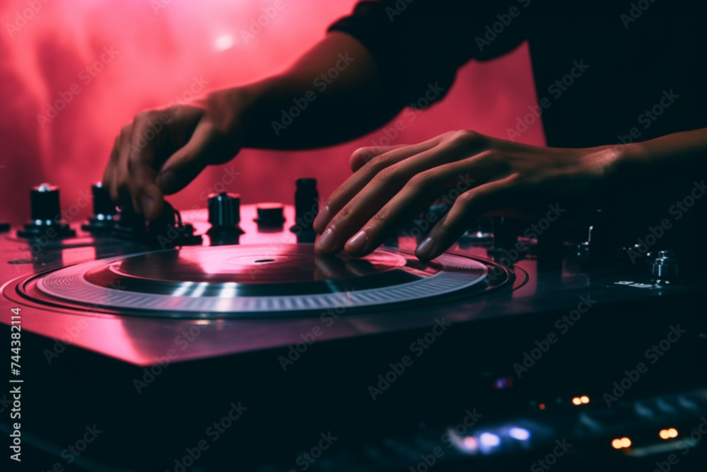 American DJ working with sound, spinning turntable records at a night club party
