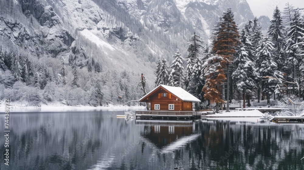 An enchanting winter scene unfolds in the photo, with a cozy cabin perched by the frozen shores of a serene mountain lake, providing a warm retreat amidst the snowy landscape.