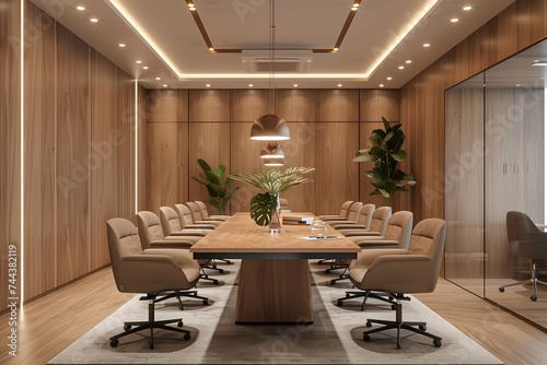 A 3D office room with a wooden theme, boasting a sleek conference table surrounded by comfortable chairs and bathed in the soft glow of pendant lights.