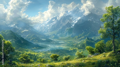 composite of grassy meadow and rocky mountains. beautiful unrealistic landscape