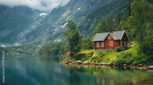 A captivating view is presented in the photo  with a peaceful and inviting small cabin situated on the edge of a crystal-clear lake  surrounded by majestic mountain peaks.