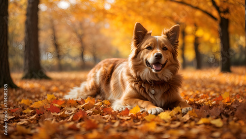 a happy dog sits in autumn park © farzanehappy