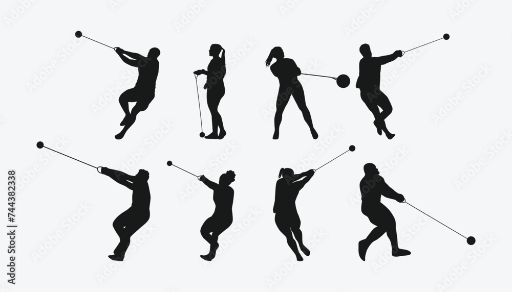 Fototapeta premium Vector set of silhouettes of hammer throw. sport, athletics. Isolated on white background.