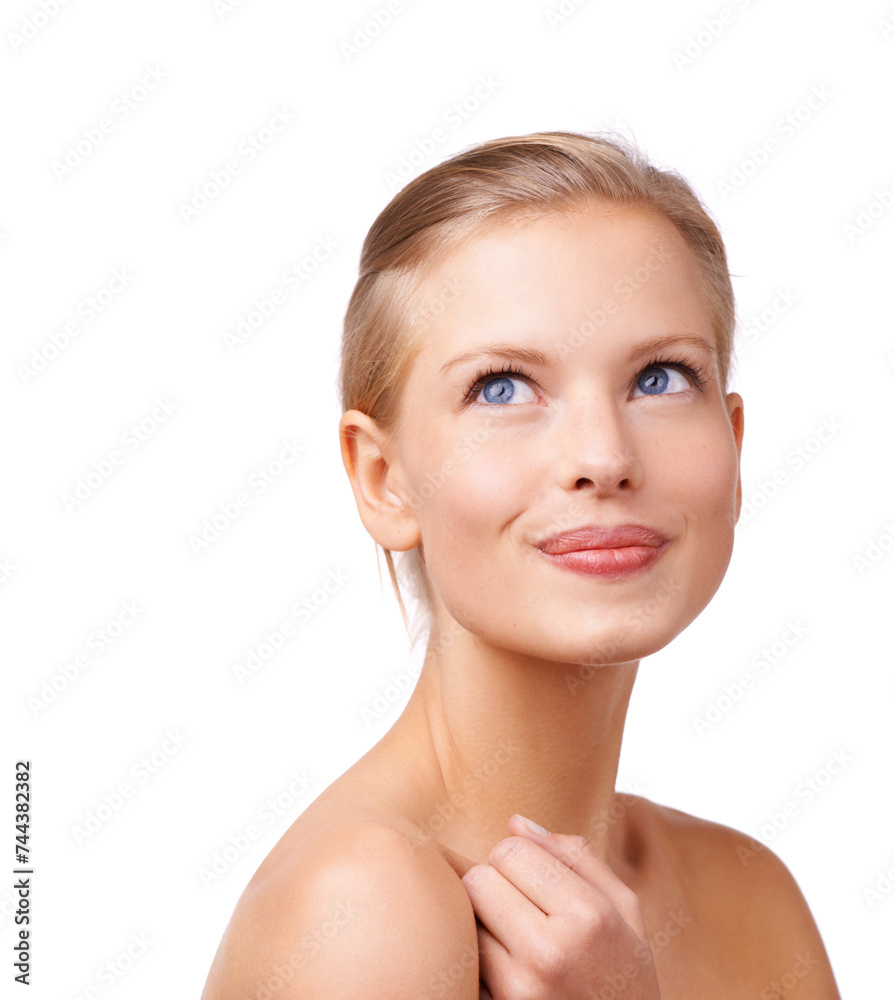 Skincare, thinking and woman in studio with beauty, natural and face routine for wellness. Ideas, cosmetic and young female person from Australia with facial dermatology treatment by white background Skincare, thinking and woman in studio with beauty, natural and face routine for wellness. Ideas, cosmetic and young female person from Australia with facial dermatology treatment by white background