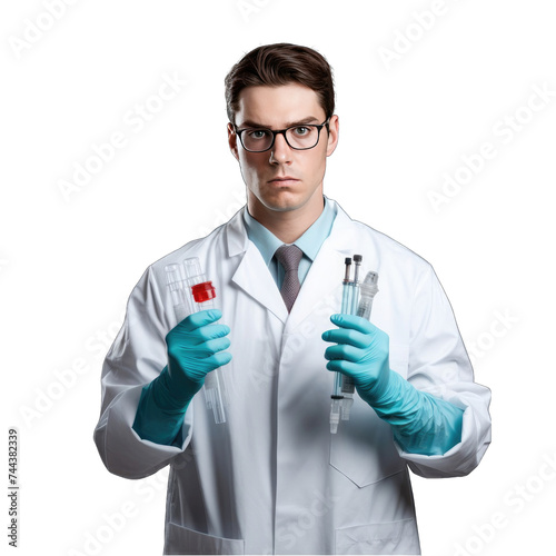 A male doctor in a white lab coat and blue gloves is holding two syringes filled with liquid.