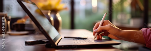 close up hand a person using a tablet computer, meeting office, banner