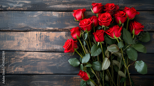 Red Rose Flowers Bouquet on Wooden Background, Valentine's Day Romance and Love Concept - Generative AI