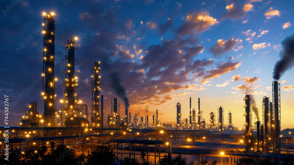 Illustration of a large Oil Industry during twilight with colorful sky background. Generative AI image.