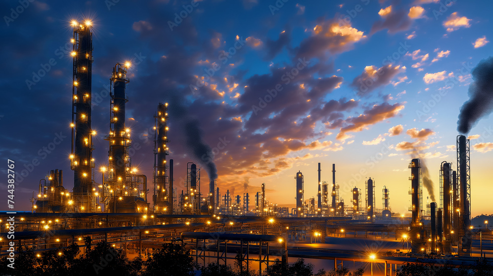 Illustration of a large Oil Industry during twilight with colorful sky background. Generative AI image. Illustration of a large Oil Industry during twilight with colorful sky background. Generative AI image.