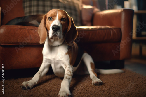 an adult beagle dog on the couch