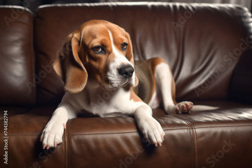 an adult beagle dog on the couch