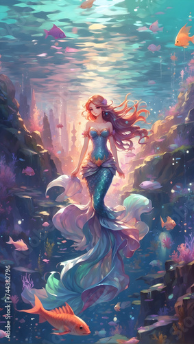 Mermaid Beauty Swimming Among Jellyfish in Underwater Fantasy photo