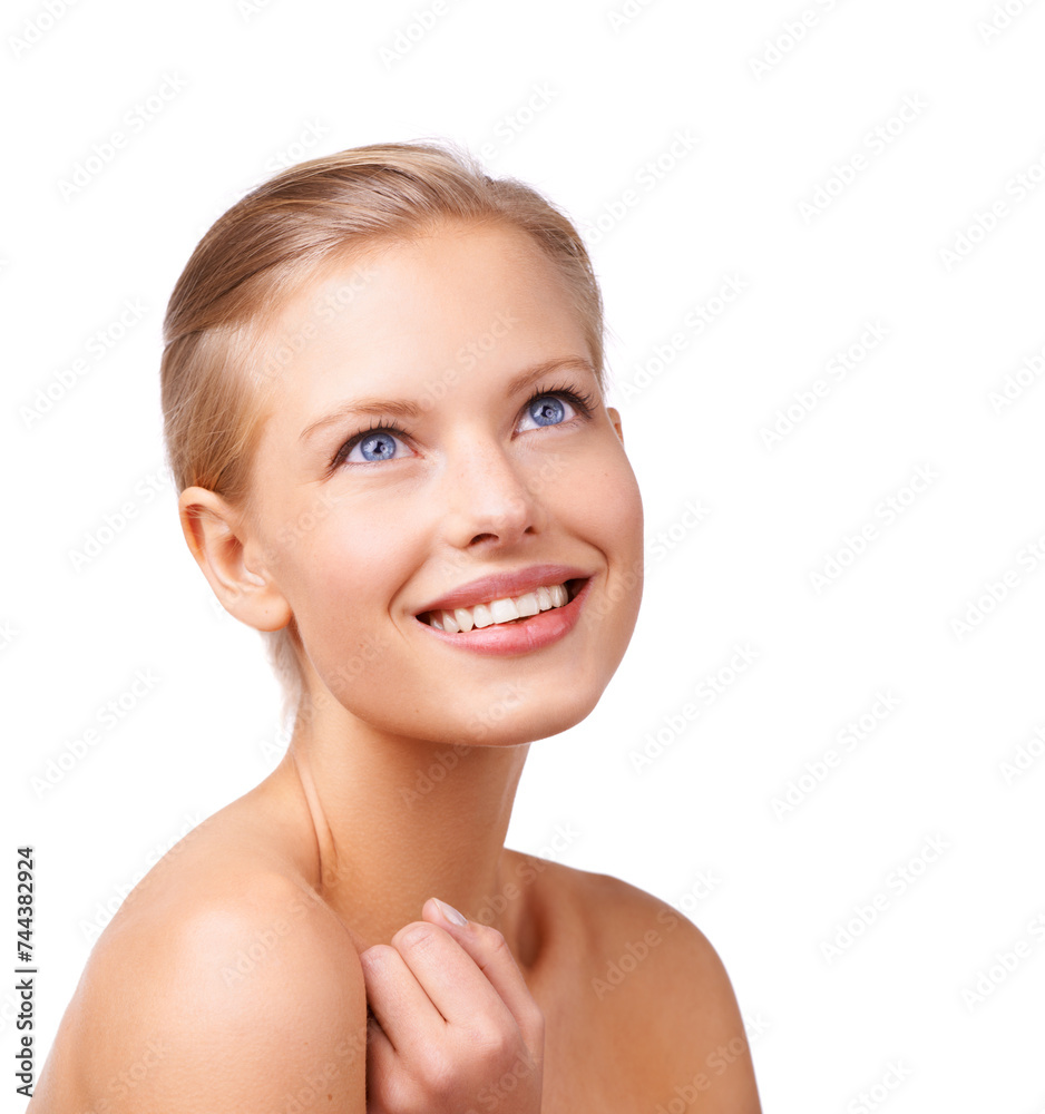 Skincare, ideas and woman in studio with beauty, natural and face routine for wellness. Thinking, cosmetic and young female person from Australia with facial dermatology treatment by white background Skincare, ideas and woman in studio with beauty, natural and face routine for wellness. Thinking, cosmetic and young female person from Australia with facial dermatology treatment by white background