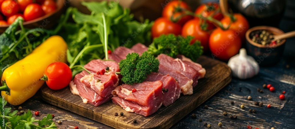 Fresh ingredients on wooden cutting board prepared for cooking meal at home with variety of vegetables and raw meat