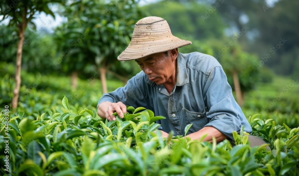 tea farmer in field, smiling elderly tea farmer