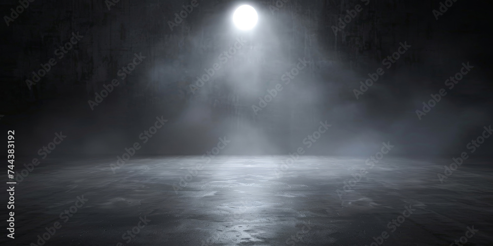  A dark room with a concrete floor and a spotlight. Suitable for dramatic or mysterious themed designs, theater and event promotion, and creative storytelling visuals. empty dark blue room