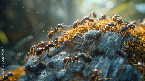 Close-Up Group of Ants Standing on Top of a Rock, Insect Macro Photography of Ant Colony - Generative AI

