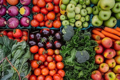 Cajas de frutas y verduras frescas y coloridas, perfectas para representar una alimentación saludable y natural photo