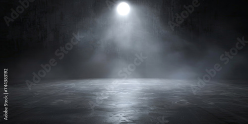  A dark room with a concrete floor and a spotlight. Suitable for dramatic or mysterious themed designs, theater and event promotion, and creative storytelling visuals. empty dark blue room