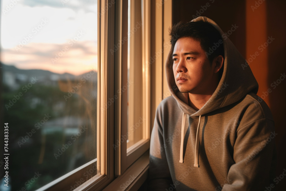 An asian chinese mid adult man looking outside of window from his home during sunset with serious facial expression with hooded shirt An asian chinese mid adult man looking outside of window from his home during sunset with serious facial expression with hooded shirt