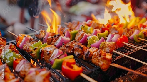Vibrantes brochetas de carne y verduras cocinándose sobre una parrilla ardiente, ideal para gastronomía al aire libre