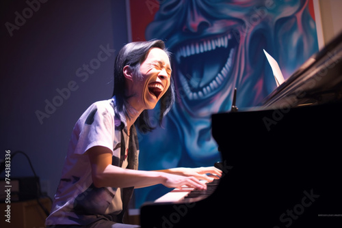 an artist playing the piano while laughing