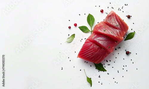 sliced tuna for sushi on white background, slices of tuna with herbs