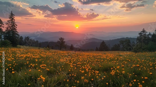 with colorful cosmos fields sunset over the mountains