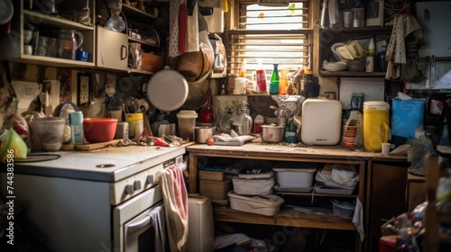 The cluttered kitchen, filled with dirty dishes, captures the universal reality of daily meal preparation and cleanup.